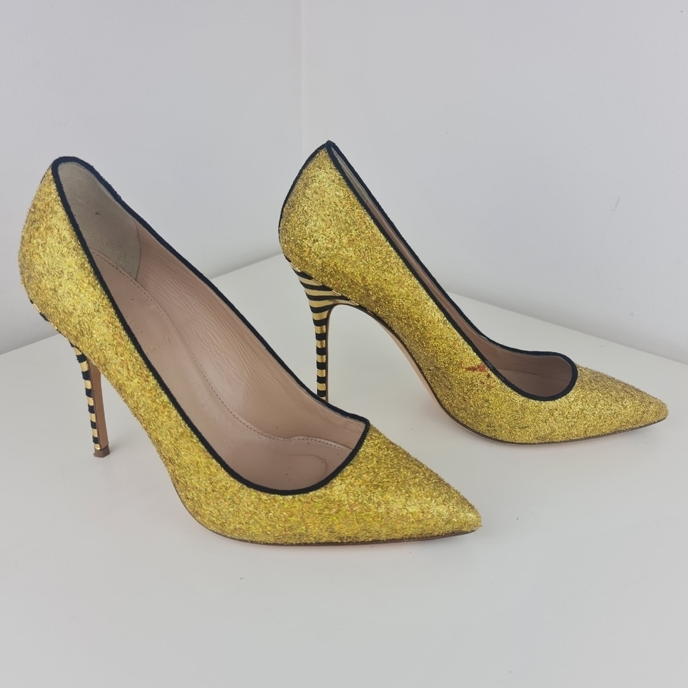 J.Crew Women Roxie Black Gold Glitter Striped Heels Party Size 9 Leather - Picture 6 of 16